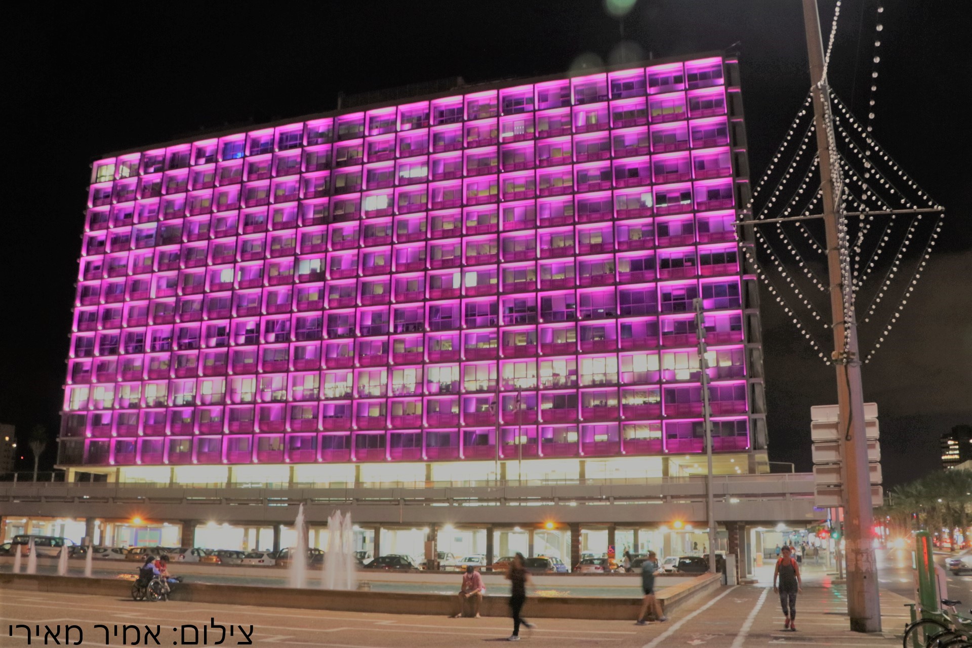 בניין עיריית תל-אביב - יפו מואר בוורוד. צילום: אמיר מאירי.